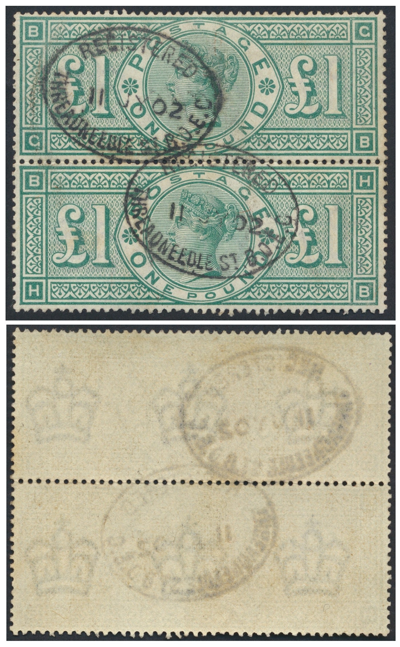 QV SG 212 1891 £1 green vertical pair U, BG-BH, with two Threadneedle Street BOEC Registered oval cancellations