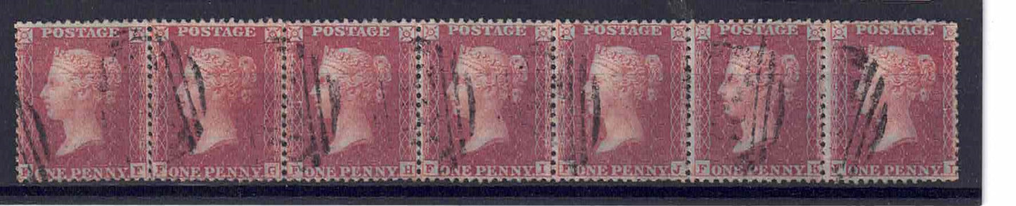 1 QV 1854 Large Crown P14 1d Red- Brown Pl8 Blued paper stirp of 7 Scarce