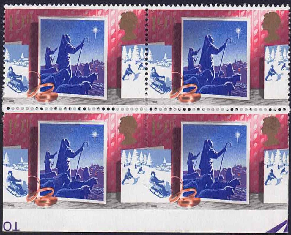 QEII 1988 Christmas 19p lower marginal block of 4 error Imperf between lower pair and marginSG1415 var, Pierron states only 20 recorded.