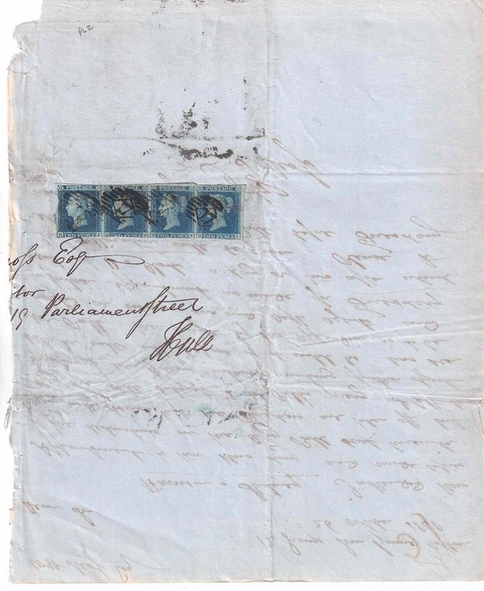 QV1884 open cover SG14 Plate 2 strip of 4 London to Hull26 Oct 1848