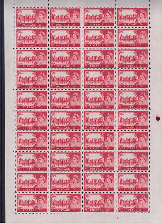 QEII 1968 SG 760 Castle 5/- Brownish red full sheet NHM not folded