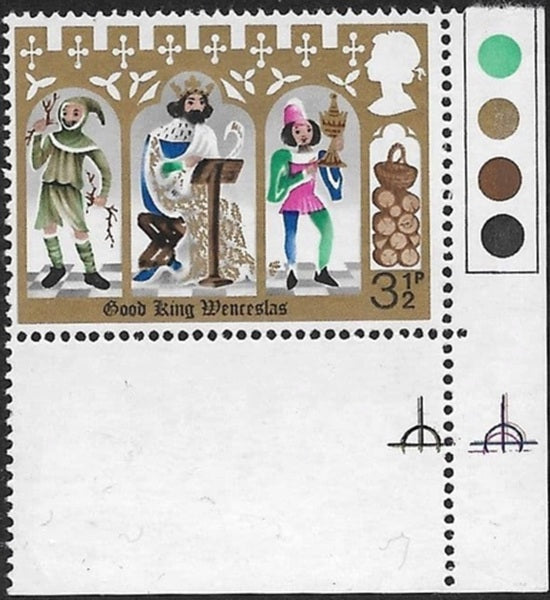 GB SG 948g 1973 Christmas 3 1/2p with Bright rose-red (King’s robe) omitted variety, bottom left corner margin, u/m