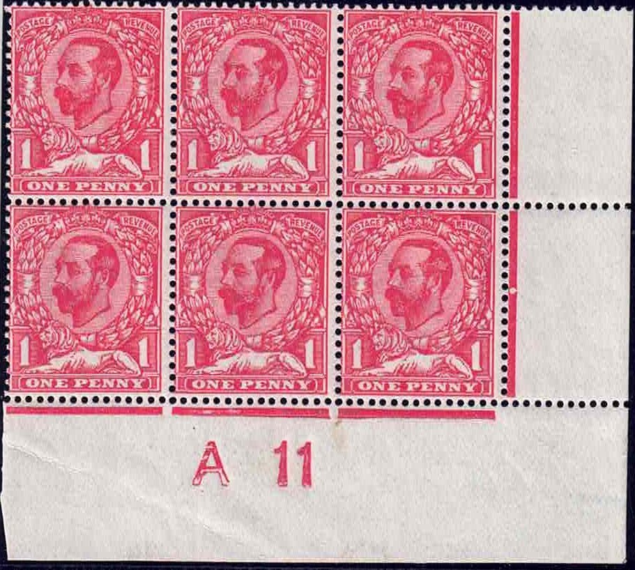 GV 1911 1d Pale carmine Die1a A11 (W) control block of six Perf type 2c Spec N7 (5)