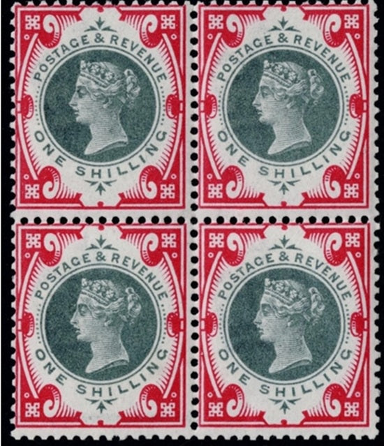GB SG214 1901 1/-green and carmine jubilee superb lightly mounted mint block of four