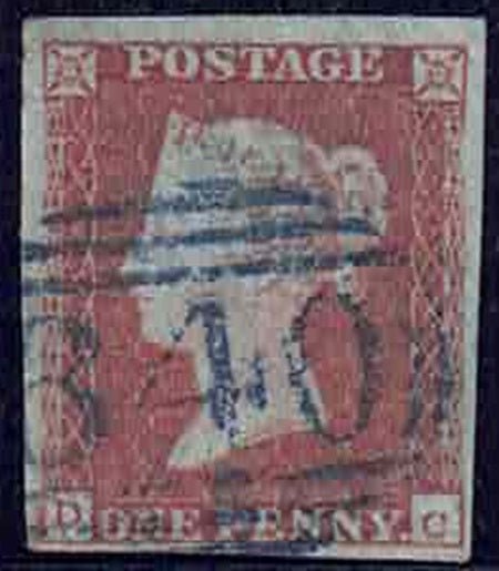 QV 1841 1d Red-Brown PL 105 with 4 margins with bright blue numeral CDS