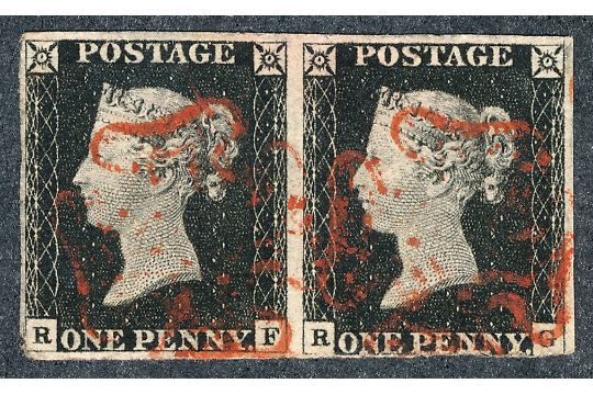 QV SG1 1d Black pair with red MX letters RF-RG trimmed at bottom right of RG
