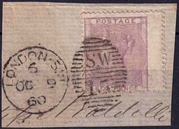 QV 1855-57 SG70a Azure Paper Pale Lilac on Piece London Duplex CDS