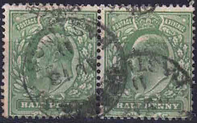 EDVII 1911 Harrison 1/2d perf 14 pair Deep Dull Yellow green Blotchy Print used