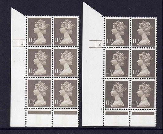 GB QEII Machin 11 1/2p Drab X893 C/B control 3 no dot & 3 Dot u/m Block