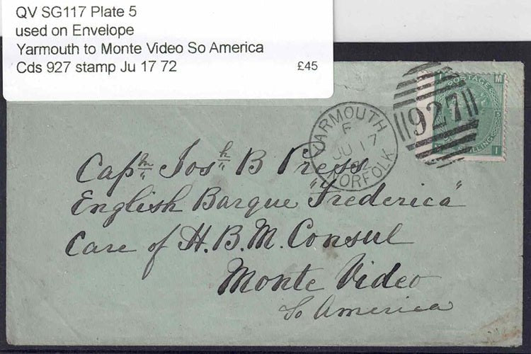 QV SG117 Plate 5 used on Envelope Yarmouth to Monte Video So America Cds 927 stamp Ju 17 72