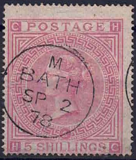 Qv SG127 1874 5/- PALE ROSE PLATE 2: Good used example with crisp Bath 2 Sep. 1878 cds. Centred low and to left.
