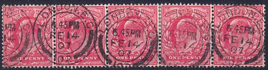 EDVII 1902 Scarlet SG219 strip of 5 (London) CDS