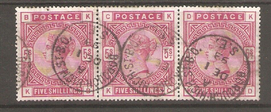 QV 1883-84 SG180 5/- strip of 3 Borough high st fine used