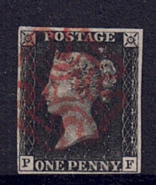 QV SG2 1d Black Plate 1b PF with 4 margins and red M/C clean back