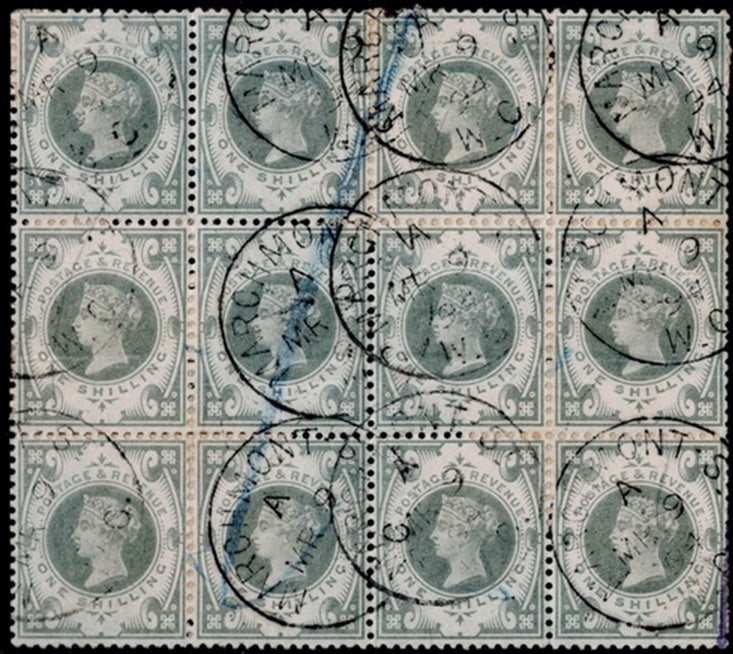 QV GB SG211 1/- Dull green block of 12 with Marchmont cds 9/3/1894