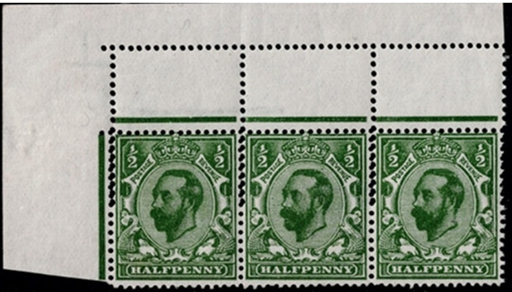 GV SG 324 1911 1/2d Deep Green u/M corner strip showing Double Perf var