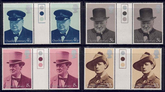QEII 1974 Sir Winston Churchill SG962/965 Traffic light Gutter pairs U/M