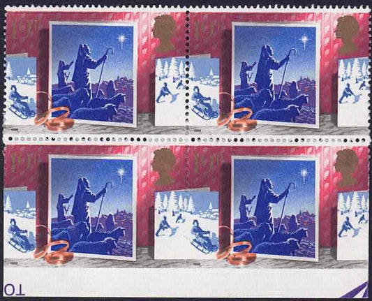 QEII 1988 Christmas 19p lower marginal block of 4 error Imperf between lower pair and marginSG1415 var, Pierron states only 20 recorded.
