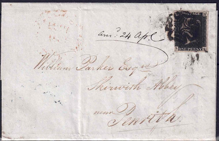 QV 1d  black plate 9 Ap22 1841 Manchester to Penrith cover