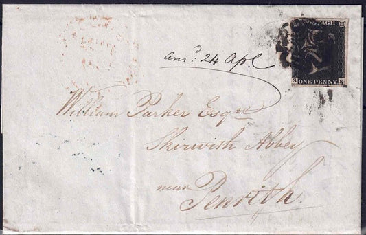 QV 1d  black plate 9 Ap22 1841 Manchester to Penrith cover