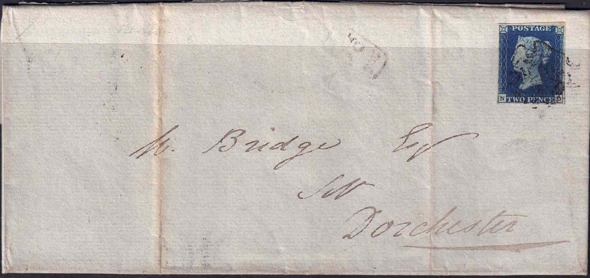 QV 1840 SG5 2d Blue cover from Sturminster Newton to Dorchester 22nd Apr 1843 with Black MX