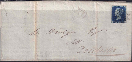 QV 1840 SG5 2d Blue cover from Sturminster Newton to Dorchester 22nd Apr 1843 with Black MX