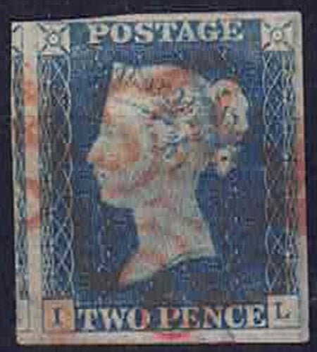 QV SG 6 2d Pale Blue Plate 2 Red MX 4 margins letters I-L with part stamp
