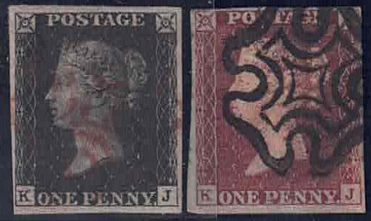 QV 1d Black Letters K-J with Matching red 1d black has BPA Cert as SG2 Plate 5