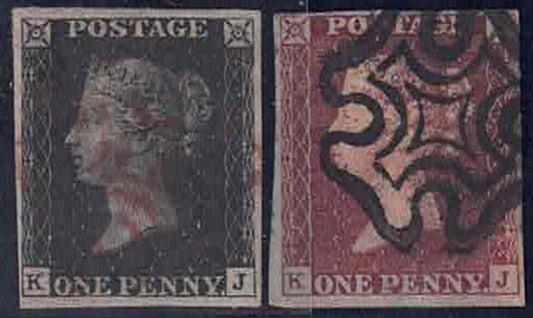 QV 1d black Letters K-J with matching 1d red 1d black has a BPA Cert as SG2 plate 5