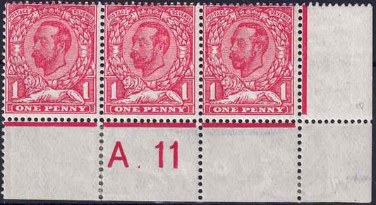 GV 1911 Spec N7 1d Carmine-Red Die 1a A.11 (W) control corner strip Perf type 1a Scarce L/M/M