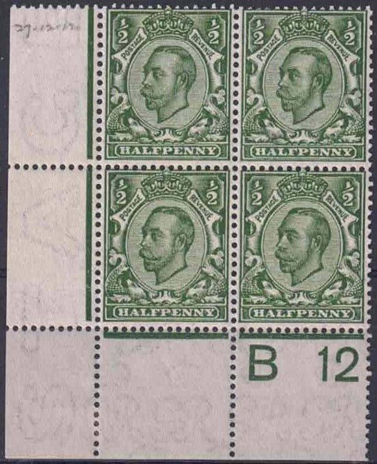 GV 1912 1/2d Multi-Cypher watermark corner block control B12 wide setting stamps unmounted hinged in bottom margin