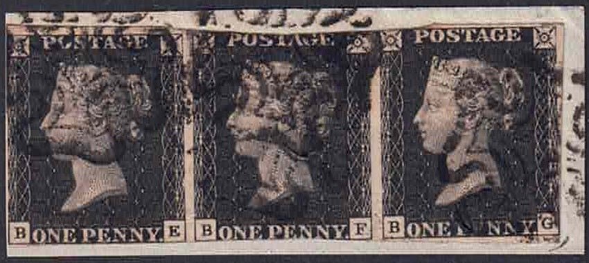 QV SG2 1840 Plate 8 strip of 3 letters B-E B-F B-G on piece Black MX