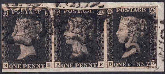 QV SG2 1840 Plate 8 strip of 3 letters B-E B-F B-G on piece Black MX