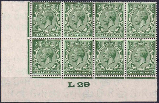 GV 1924-26 Block Cypher 1/2 Green Control L29 Perf Type 2 Block of 8 U/M