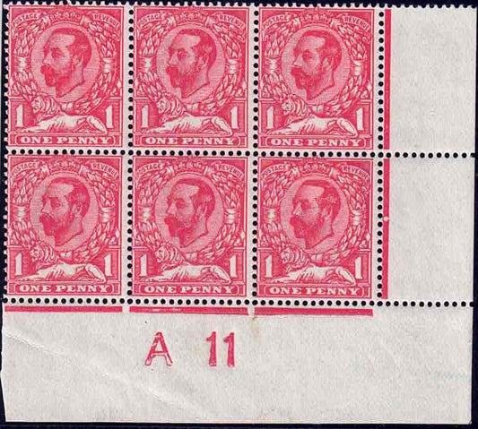GV 1911 1d Pale carmine Die1a A11 (W) control block of six Perf type 2c Spec N7 (5)