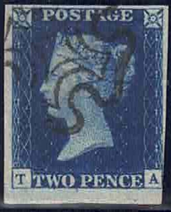 QV 1840 SG4 Deep Blue plate 2 Re-Entries cancel Black MX Letters T-A just touching by A