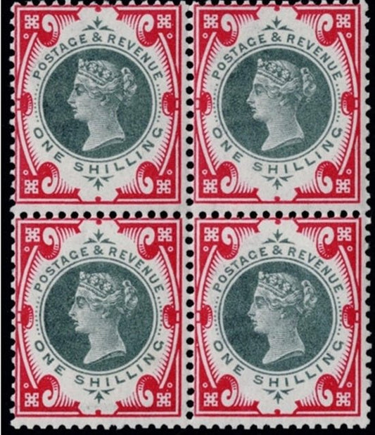 GB SG214 1901 1/-green and carmine jubilee superb lightly mounted mint block of four
