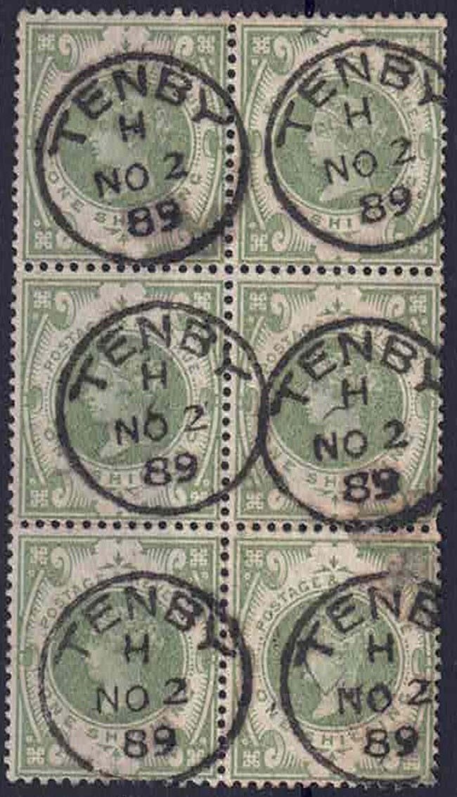 SG 211 1/- GREEN: A most attractive block of six (2 x 3) with exceptional "TENBY" cds.