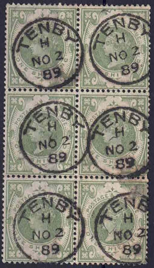 SG 211 1/- GREEN: A most attractive block of six (2 x 3) with exceptional "TENBY" cds.
