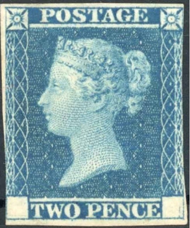 1841 SMALL IMPERF. TRIAL WITH BLANK CORNER LETTERS INVERTED WATERMARK: 2d blue