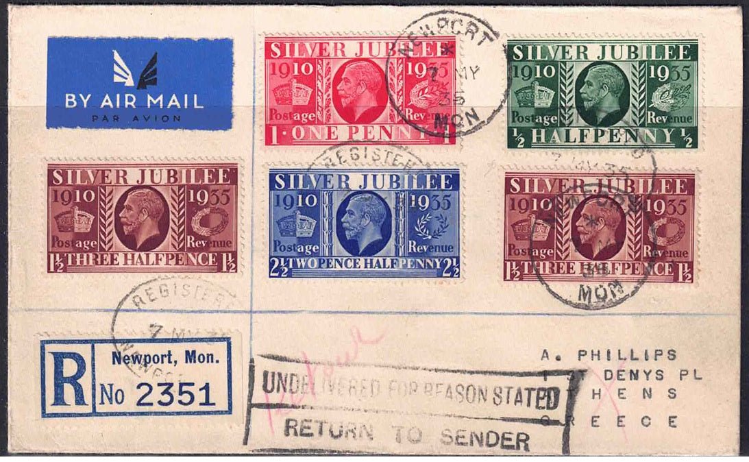 GB FDC - KGV Silver Jubilee 1935. Non-illustrated envelope, registered set with additional 1.5d for airmail to Athens, Greece. Boxed 'Undelivered for Reasons Stated, Return to Sender'. Dated 7th may 35. Cat £650
