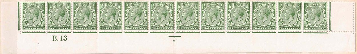1913 GV SG351 Green Somerset House Printing Control B.13 bottom row mounted in left margin