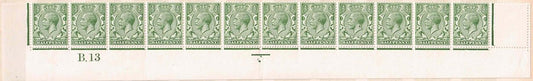 1913 GV SG351 Green Somerset House Printing Control B.13 bottom row mounted in left margin