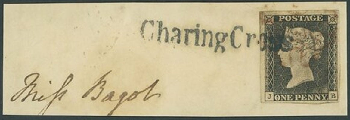 QV 1d Black Plate 2 J-B grey-black shade showing moderate plate wear 4 margins tied to piece by red MX and black Charing Cross Scarce