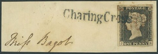 QV 1d Black Plate 2 J-B grey-black shade showing moderate plate wear 4 margins tied to piece by red MX and black Charing Cross Scarce