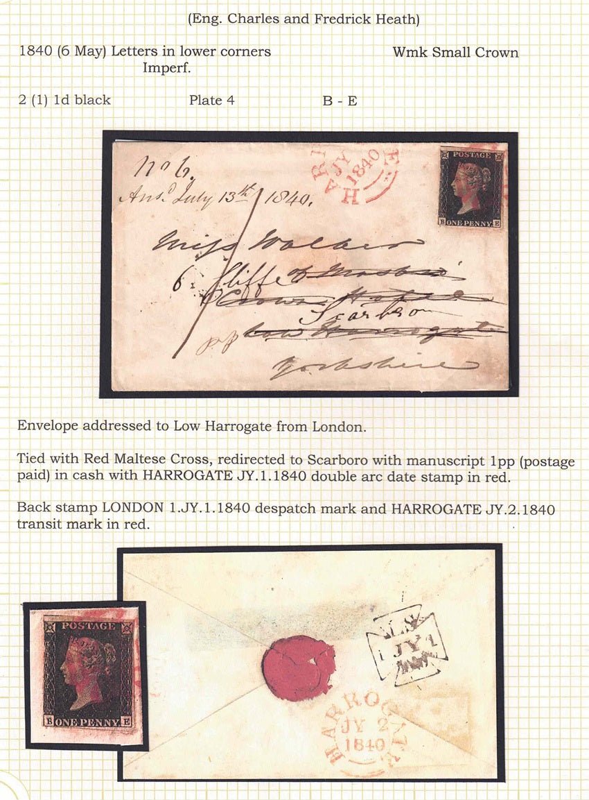 1840 Envelope from London to Low Harrogate 1d black Plate 4 clear margins Red MX re-directed