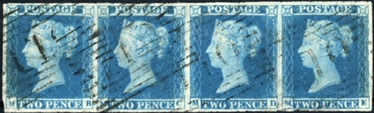 QV SG 14 PLATE 3 - MB-ME: A fine four margined horizontal strip of four with "10" cancellations of Dumbarton. Scarce