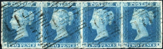 QV SG 14 PLATE 3 - MB-ME: A fine four margined horizontal strip of four with "10" cancellations of Dumbarton. Scarce