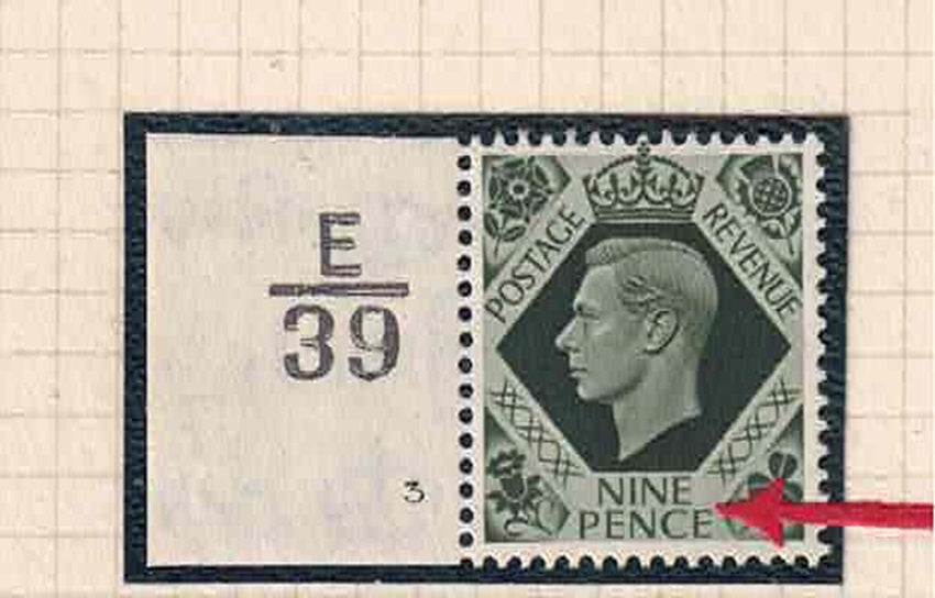 GVI 1939 9d Deep Olive-green Spec Q25 SG473a Sloping Serif Mounted in Margin