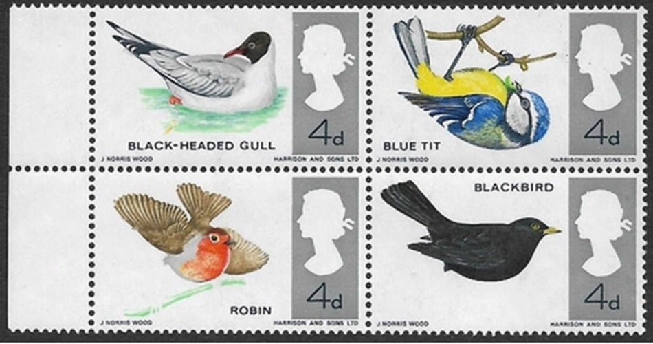 GB SG 696aj 1966 Birds block ordinary with Missing Reddish Brown variety affecting bottom 2 stamps block, u/m